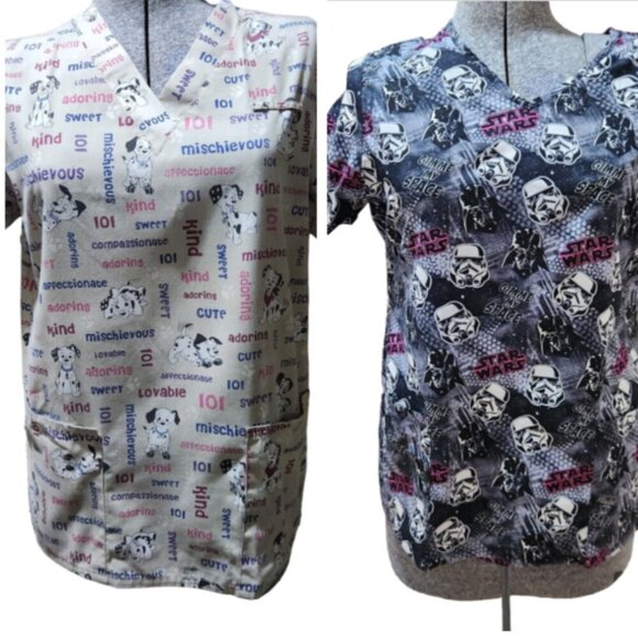 Scrub Nursing Top Lot of 2 Womens Med. Star Wars & 101 Dalmatians Uniforms - Picture 1 of 15